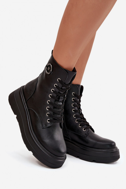 Botki Workery Damskie Ocieplane Na PlatformiewithOzdobnym Detalem Vinceza 16513 Czarne