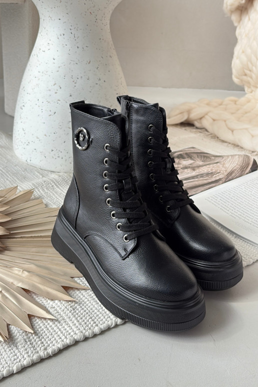 Botki Workery Damskie Ocieplane Na PlatformiewithOzdobnym Detalem Vinceza 16513 Czarne