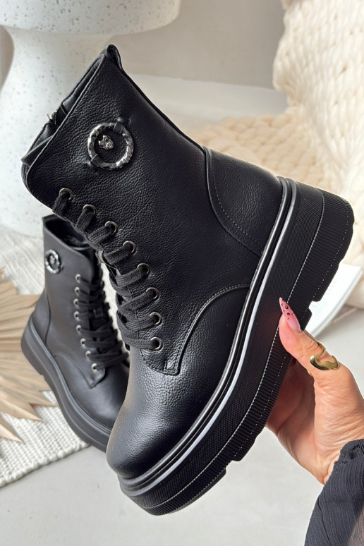 Botki Workery Damskie Ocieplane Na PlatformiewithOzdobnym Detalem Vinceza 16513 Czarne