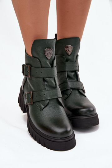 Leather Insulated Women's Boots With Buckles And Decorative Detail Zazoo 60482 Dark Green