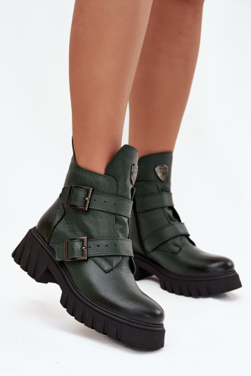 Leather Insulated Women's Boots With Buckles And Decorative Detail Zazoo 60482 Dark Green 2
