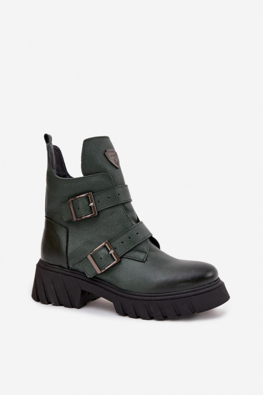 Leather Insulated Women's Boots With Buckles And Decorative Detail Zazoo 60482 Dark Green Leather Insulated Women's Boots With Buckles And Decorative Detail Zazoo 60482 Dark Green