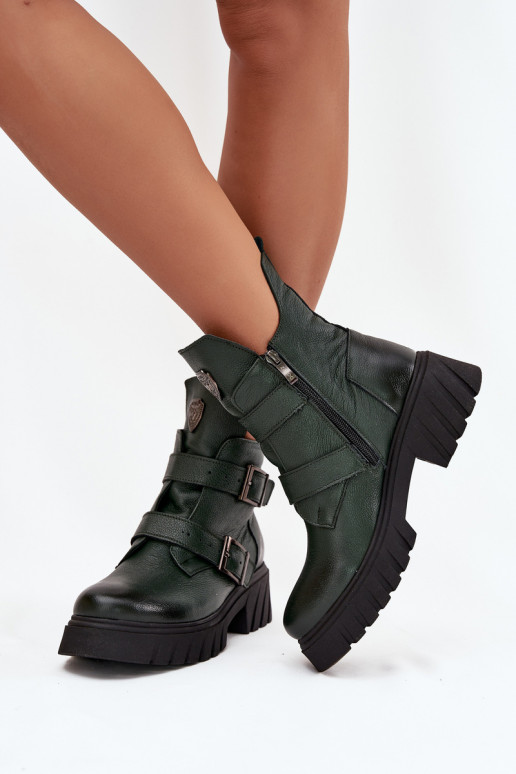 Leather Insulated Women's Boots With Buckles And Decorative Detail Zazoo 60482 Dark Green Leather Insulated Women's Boots With Buckles And Decorative Detail Zazoo 60482 Dark Green