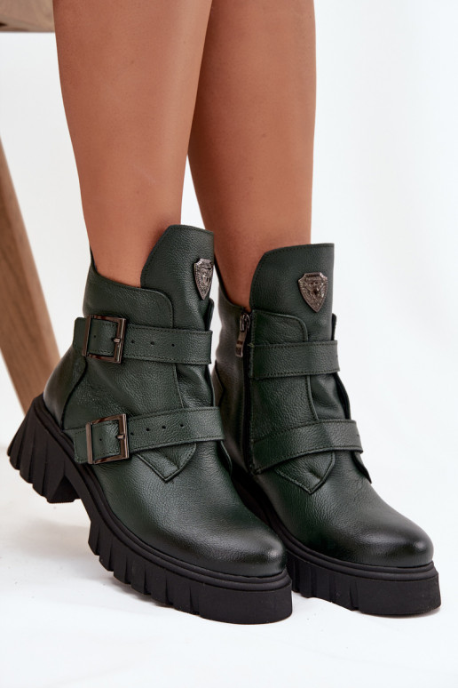 Leather Insulated Women's Boots With Buckles And Decorative Detail Zazoo 60482 Dark Green Leather Insulated Women's Boots With Buckles And Decorative Detail Zazoo 60482 Dark Green