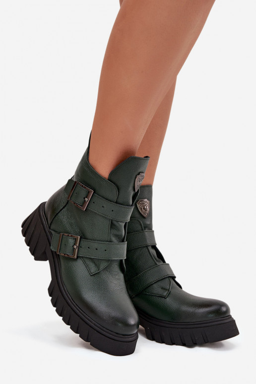 Leather Insulated Women's Boots With Buckles And Decorative Detail Zazoo 60482 Dark Green Leather Insulated Women's Boots With Buckles And Decorative Detail Zazoo 60482 Dark Green