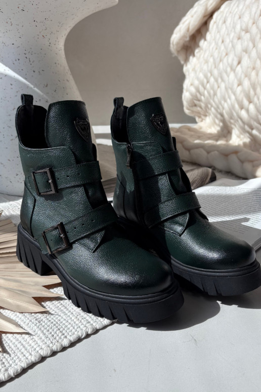 Leather Insulated Women's Boots With Buckles And Decorative Detail Zazoo 60482 Dark Green Leather Insulated Women's Boots With Buckles And Decorative Detail Zazoo 60482 Dark Green