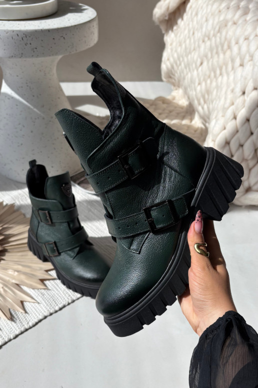 Leather Insulated Women's Boots With Buckles And Decorative Detail Zazoo 60482 Dark Green Leather Insulated Women's Boots With Buckles And Decorative Detail Zazoo 60482 Dark Green