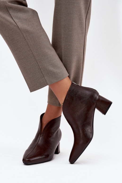 Eko Skórzane Botki Damskie Na Obcasie Czekoladowe Rylina