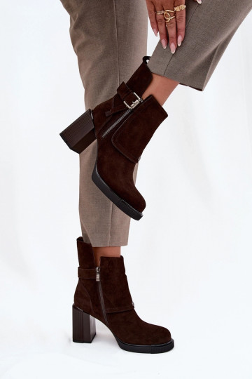 Ankle boots made of natural suede on a block heel with a buckle Vinceza 91152 chocolate