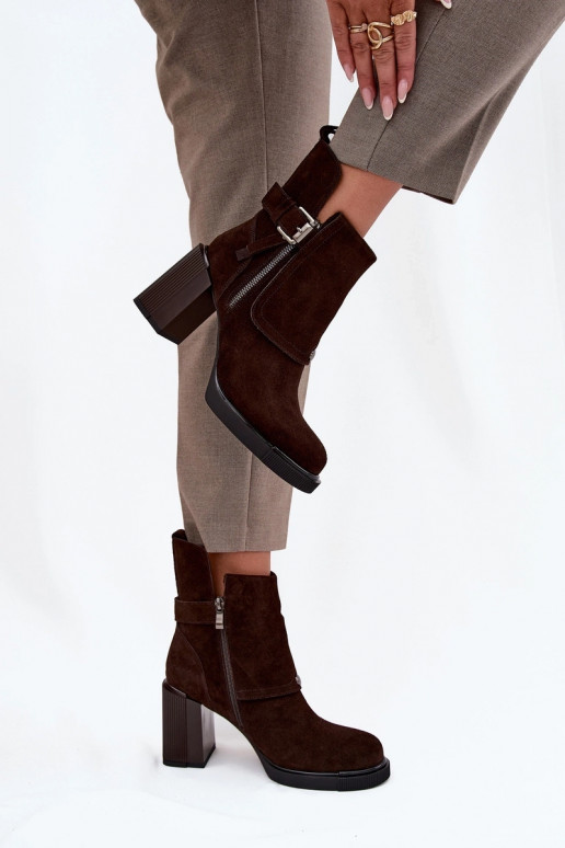 Ankle boots made of natural suede on a block heel with a buckle Vinceza 91152 chocolate