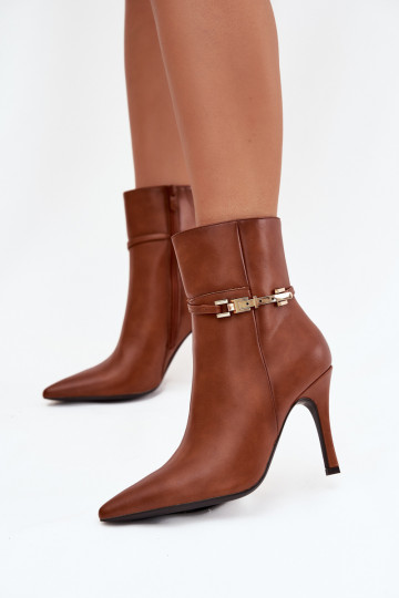 Women's heeled ankle boots with strap and gold element insulated Camel Bellisse 2
