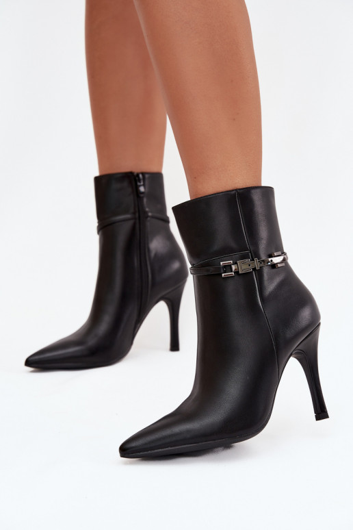 Women's ankle boots on heel with strap and silver element heated black Bellisse Women's ankle boots on heel with strap and silver element heated black Bellisse