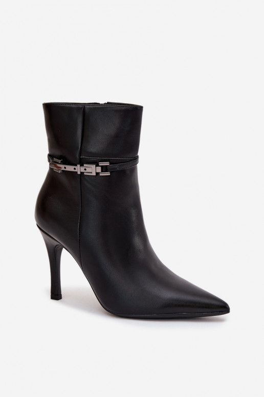 Women's ankle boots on heel with strap and silver element heated black Bellisse Women's ankle boots on heel with strap and silver element heated black Bellisse