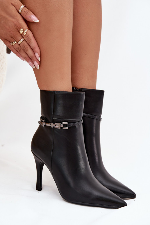 Women's ankle boots on heel with strap and silver element heated black Bellisse Women's ankle boots on heel with strap and silver element heated black Bellisse