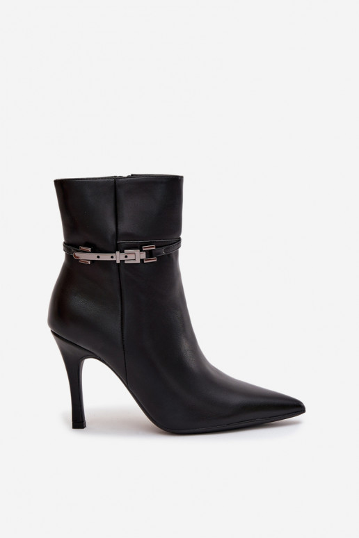 Women's ankle boots on heel with strap and silver element heated black Bellisse Women's ankle boots on heel with strap and silver element heated black Bellisse