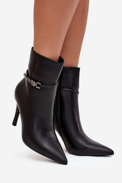Women's ankle boots on heel with strap and silver element heated black Bellisse Women's ankle boots on heel with strap and silver element heated black Bellisse