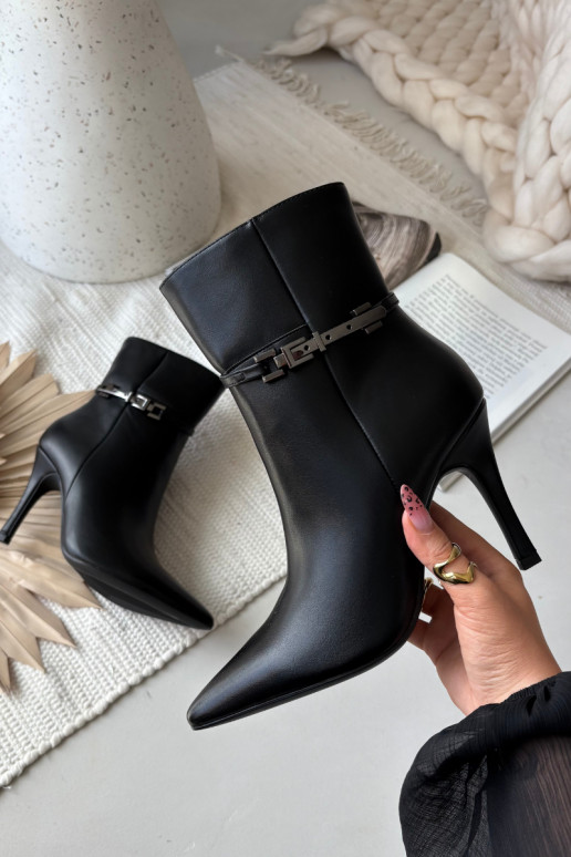 Women's ankle boots on heel with strap and silver element heated black Bellisse Women's ankle boots on heel with strap and silver element heated black Bellisse