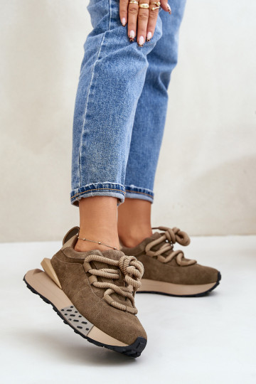 Women's Suede Sneakers On Platform With Thick Lacing Artiker 54C1466 Light Brown 2