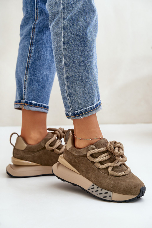 Women's Suede Sneakers On Platform With Thick Lacing Artiker 54C1466 Light Brown