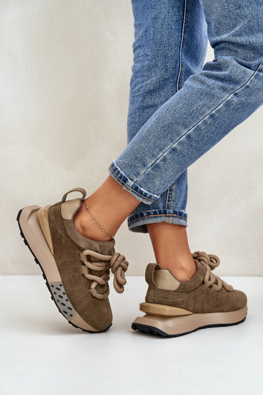 Zamszowe Sneakersy Damskie Na PlatformiewithGrubym Sznurowaniem Artiker 54C1466 Jasnobrązowe
