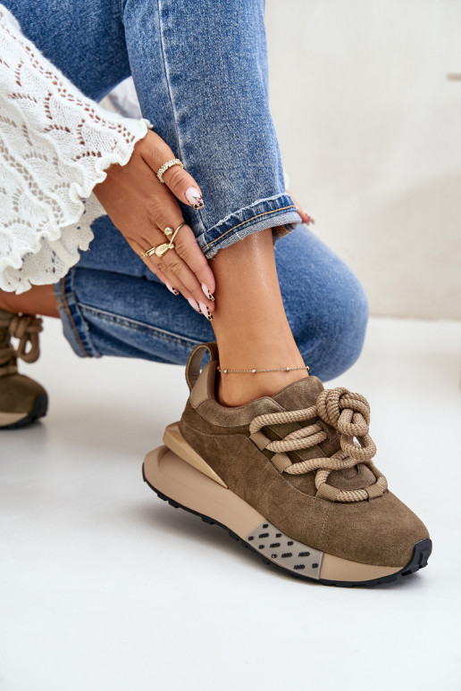 Women's Suede Sneakers On Platform With Thick Lacing Artiker 54C1466 Light Brown