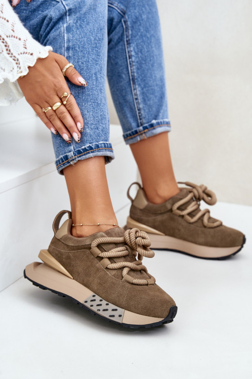 Women's Suede Sneakers On Platform With Thick Lacing Artiker 54C1466 Light Brown