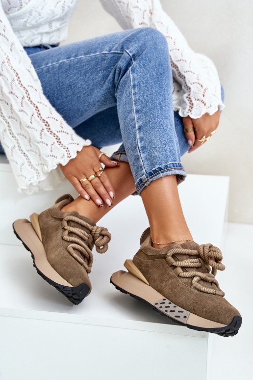 Women's Suede Sneakers On Platform With Thick Lacing Artiker 54C1466 Light Brown