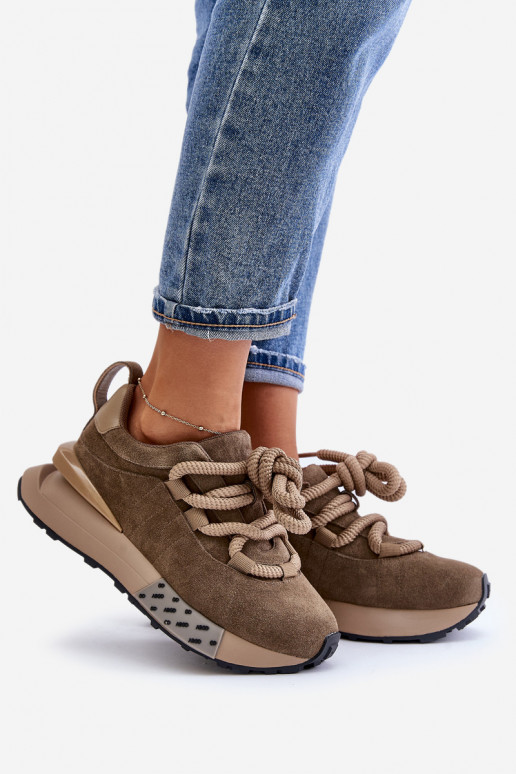 Zamszowe Sneakersy Damskie Na PlatformiewithGrubym Sznurowaniem Artiker 54C1466 Jasnobrązowe