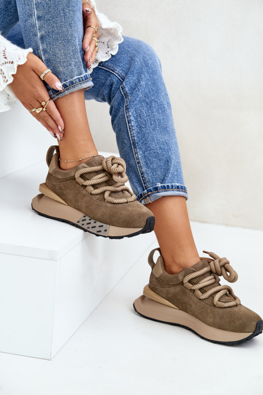 Zamszowe Sneakersy Damskie Na PlatformiewithGrubym Sznurowaniem Artiker 54C1466 Jasnobrązowe