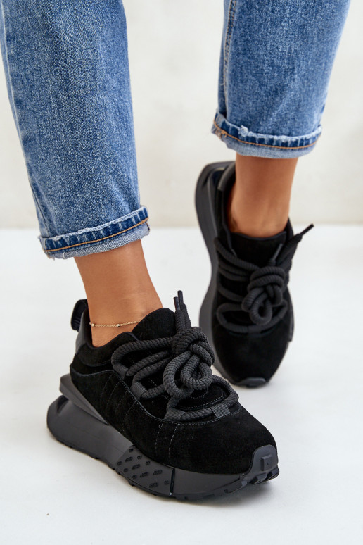Women's Suede Sneakers On Platform With Thick Lacing Artiker 54C1464 Black
