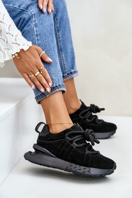 Zamszowe Sneakersy Damskie Na PlatformiewithGrubym Sznurowaniem Artiker 54C1464 Czarne