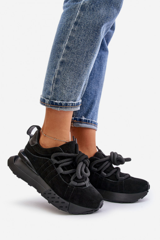 Women's Suede Sneakers On Platform With Thick Lacing Artiker 54C1464 Black