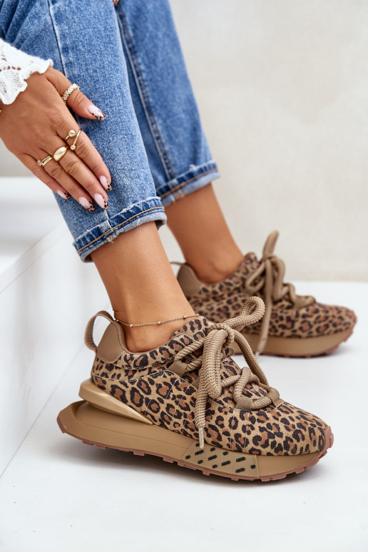 Zamszowe Sneakersy Damskie Na PlatformiewithGrubym Sznurowaniem Panterka Artiker 55C0135 Brązowe