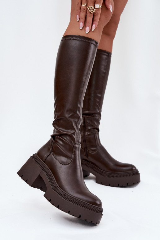 Women's Boots with Thick Heel and Platform Slip-On Brown Florinne Women's Boots with Thick Heel and Platform Slip-On Brown Florinne