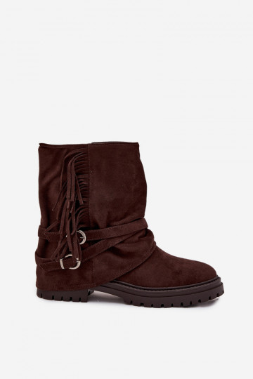 Insulated women's ankle boots with fringes and klaras flat heel chocolate Helianne 2