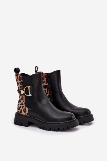 Insulated Ankle Boots Women With Gold Detail Leopard Print Black Priscilla