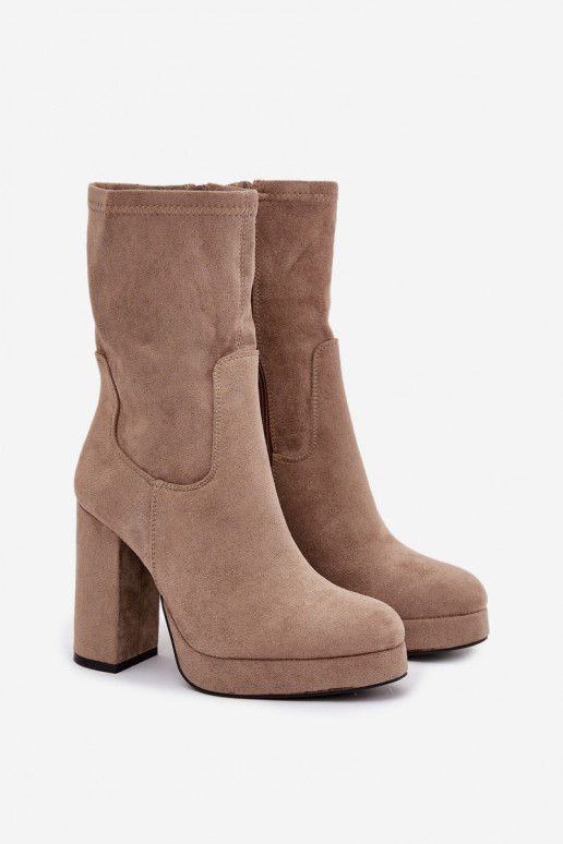 Women's Block Heel Boots Made of Eco Suede Beige Carolina