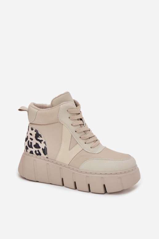 Skórzane Botki Damskie Na Platformie Ocieplane Vinceza 66838 Beżowe