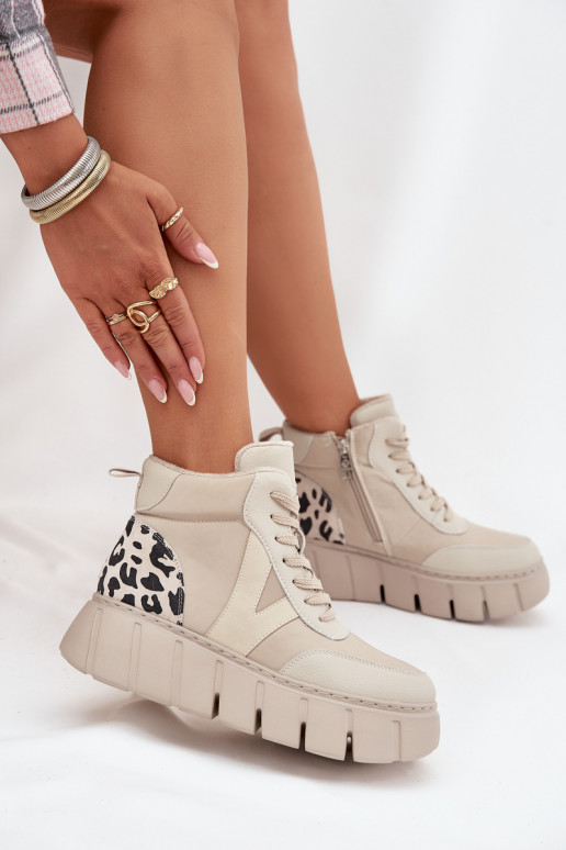 Skórzane Botki Damskie Na Platformie Ocieplane Vinceza 66838 Beżowe
