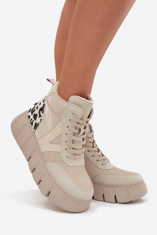 Skórzane Botki Damskie Na Platformie Ocieplane Vinceza 66838 Beżowe