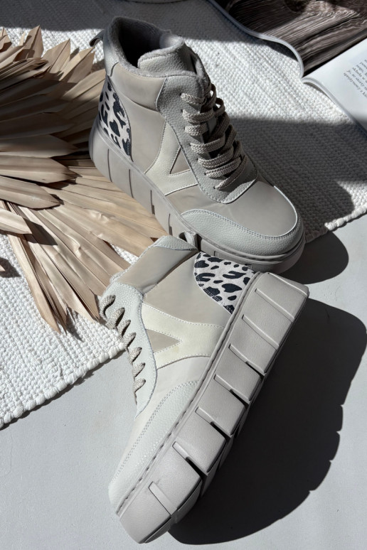 Skórzane Botki Damskie Na Platformie Ocieplane Vinceza 66838 Beżowe