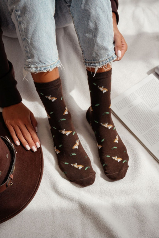 Women's Socks With Foxes And Leaves Brown