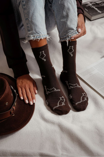 Women's Cotton Socks Cat Contours Chocolate