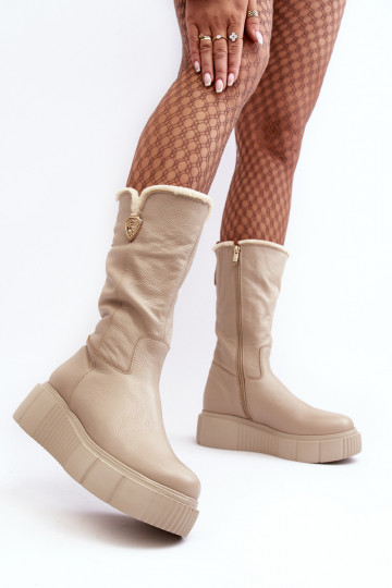 Women's Leather Boots With Wool Beige Bayla 2
