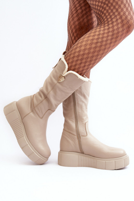 Women's Leather Boots With Wool Beige Bayla