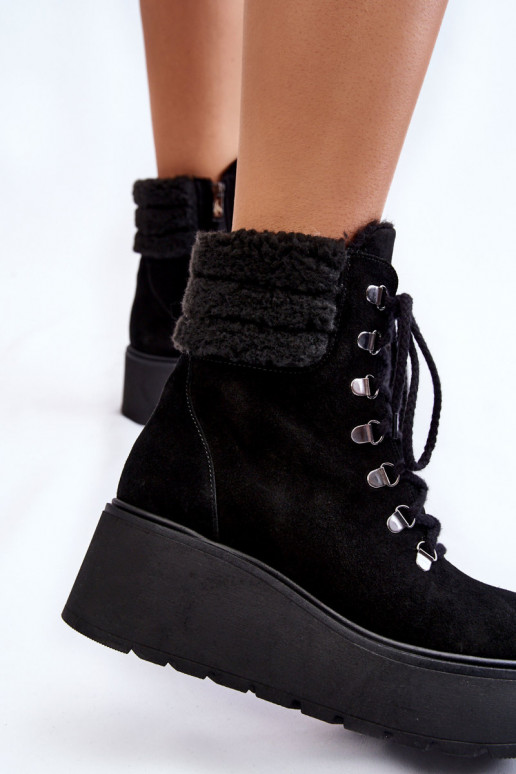 Women's Suede Wedge Boots Black Meniko