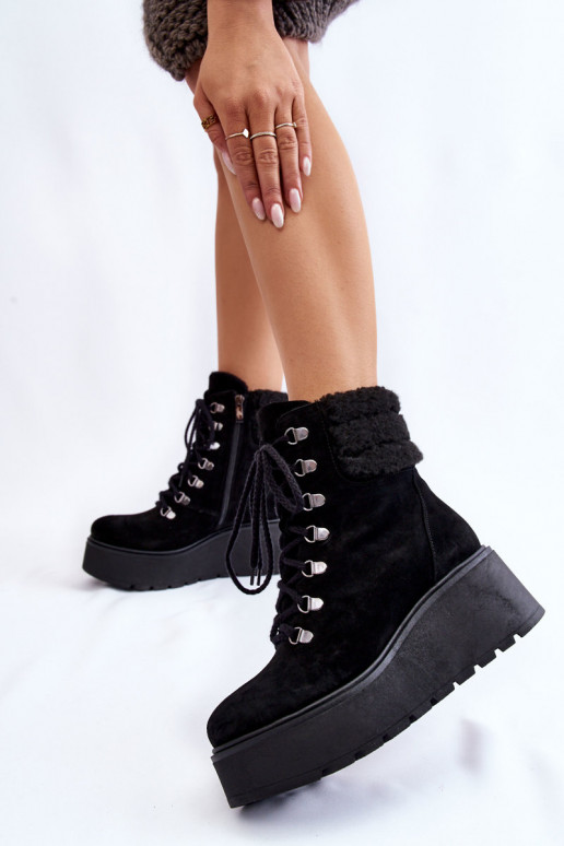 Women's Suede Wedge Boots Black Meniko