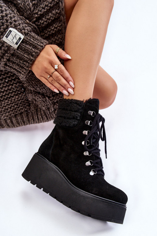 Women's Suede Wedge Boots Black Meniko