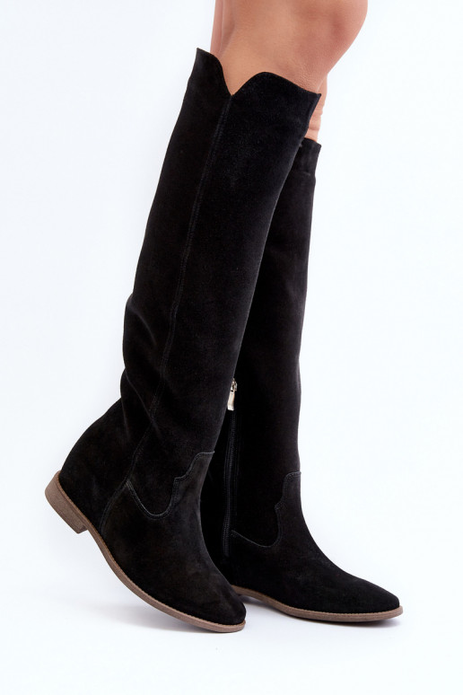 Zazoo 3407 Suede Knee-High Boots with Flat Heel Black