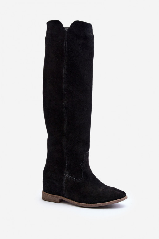 Zazoo 3407 Suede Knee-High Boots with Flat Heel Black